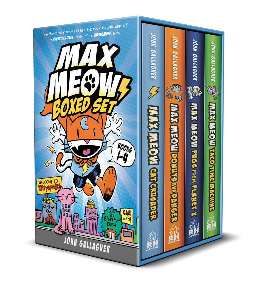 Max Meow Boxed Set: Welcome to Kittyopolis (Books 1-4): Max Meow 1: Cat Crusader; Max Meow 2: Donuts and Danger; Max Meow 3: Pugs from Planet X; Max Meow 4: Taco Time Machine (A Graphic Novel Boxed Set)