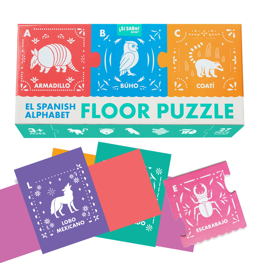 El Spanish Alphabet Jumbo Floor Puzzle, El Gran Rompecabezas del ABC en Español: Papel-Picado Inspired 27-Piece ABC Jigsaw Puzzle, Un rompecabezas jumbo de 27 piezas inspirado en el Papel Picado con animales de Latinoamérica